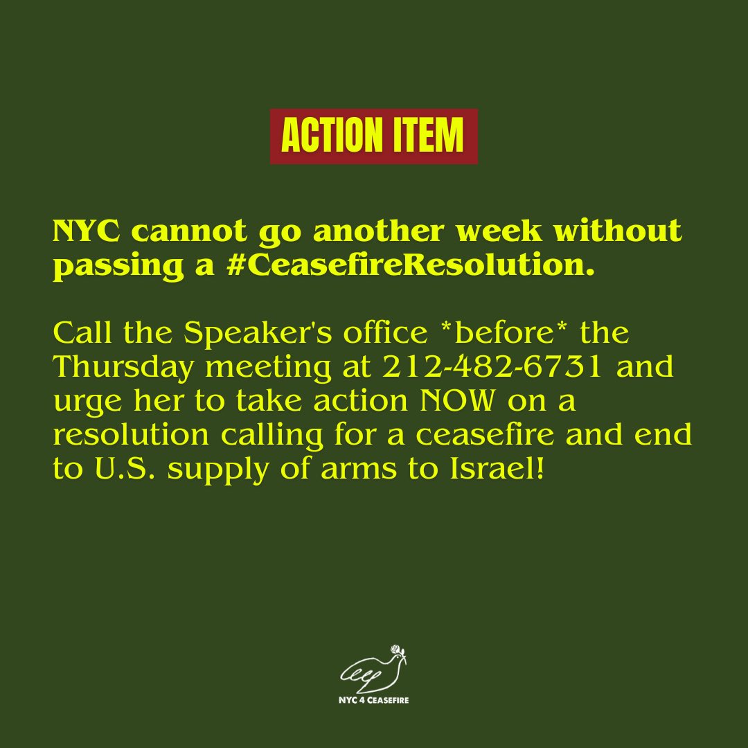 As an organization that builds power within NYC against all forms of oppression, we are compelled to take action. We call on @NYCSpeakerAdams to introduce a #CeasefireResolution by the next stated meeting. #CeasefireNOW #NYC4Ceasefire