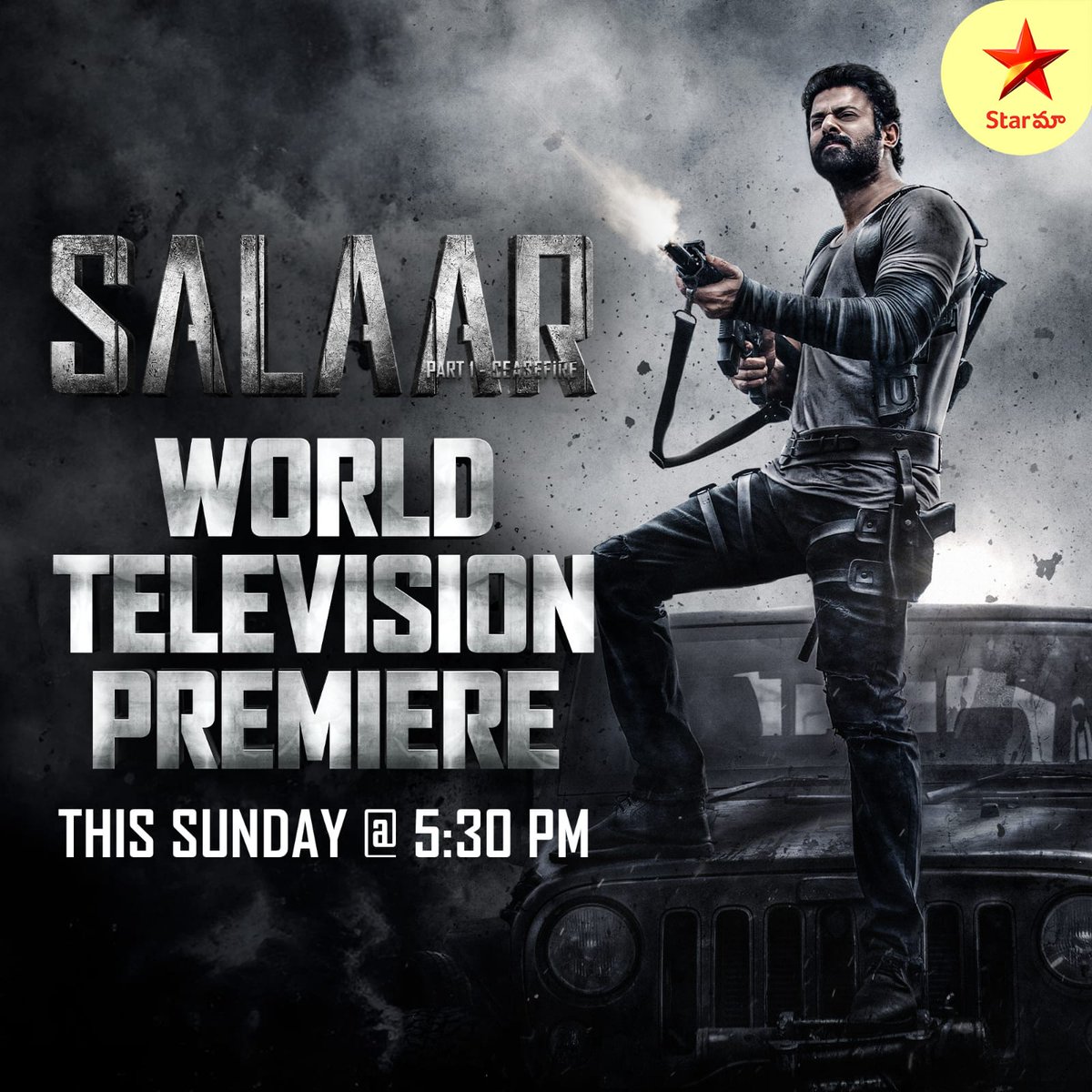 The highly anticipated Super Hit Blockbuster Movie Salaar, featuring the stellar cast of #Prabhas, @PrithviOfficial and @shrutihaasan, is set to premiere this Sunday at 5:30 PM exclusively on #StarMaa #Salaar #TeluguMovies #Prabhas