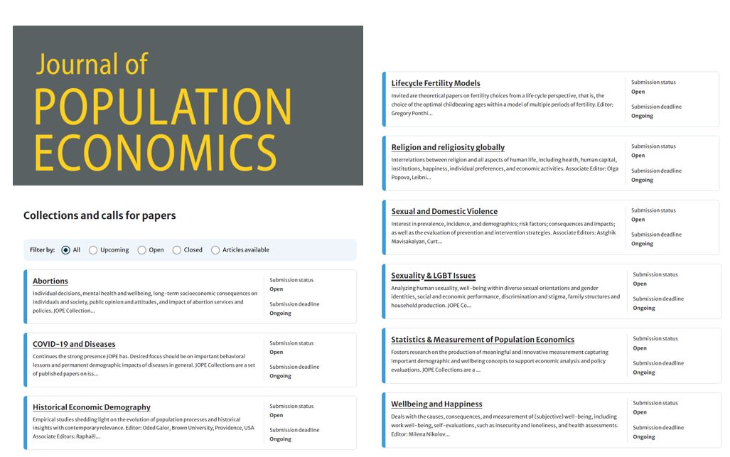 📣SUBMISSIONS FOR COLLECTIONS WELCOME📣 Journal of #PopulationEconomics welcomes submissions to its Collections. A full list of the Collections are available to view here link.springer.com/journal/148/co… @JPopEcon @kfzimmermann