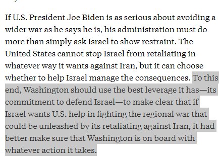 Me in @ForeignPolicy on what the United States should do to try to prevent a regional war. Biden has leverage over Israel and he should use it. Here's the BLUF: foreignpolicy.com/2024/04/17/isr… (1/n)