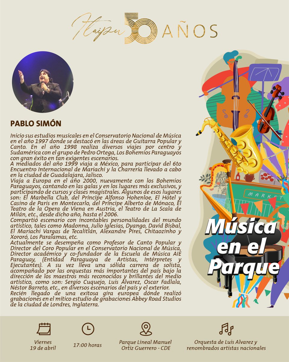 #MúsicaEnElParque 🎼🎶 Artistas reconocidos mundialmente unirán sus voces este viernes 19/04, a las 17:00, en el Parque Lineal Manuel Ortiz Guerrero de Ciudad del Este, en la apertura del ciclo musical que ofreceremos por nuestro cincuentenario.
Hoy te presentamos la reseña de