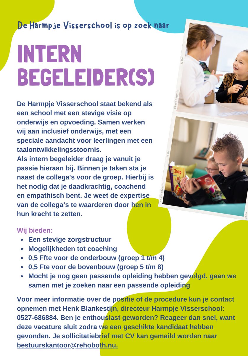 Ben jij die #intern #begeleider die op onze mooie school wil werken? Onze school heeft ruimte voor een #internbegeleider met #passie voor #inclusief #onderwijs met speciale #aandacht voor #leerlingen met een #taalontwikkelingsstoornis.