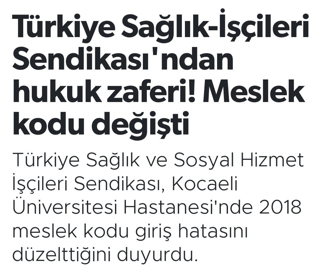 Türkiye Sağlık ve Sosyal Hizmet İşçileri Sendikası, Kocaeli Üniversitesi Hastanesi'nde 2018 meslek kodu giriş hatasını düzelttiğini duyurdu. Büro olarak tanımı yapılan meslek kodu, veri hazırlama ve kontrol işletmeni olarak düzeltildi. iscihaber.net/turkiye-saglik… #kamuiscisi