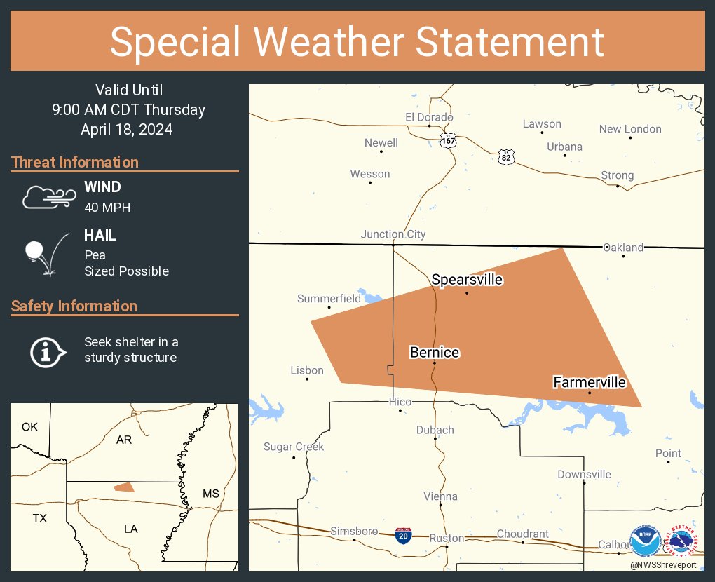 A special weather statement has been issued for Farmerville LA, Bernice LA and Spearsville LA until 9:00 AM CDT