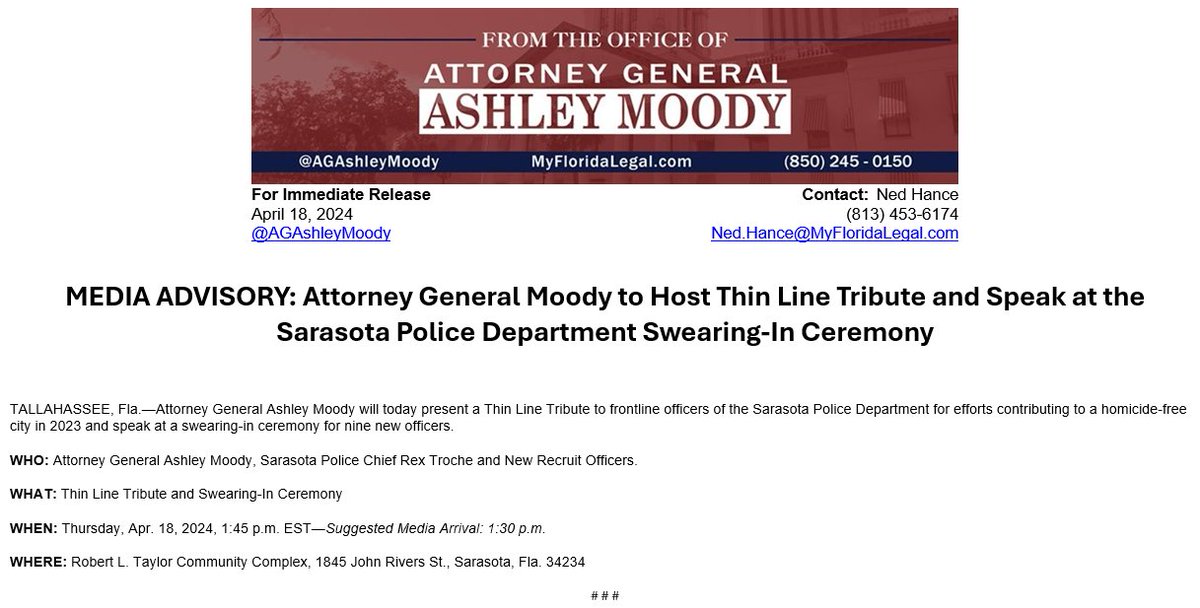 Florida is the most pro-law enforcement state in the nation and today at 1:45pm, I have the honor of addressing a group of out-of-state officers who moved to our state and are being sworn-in at the @SarasotaPD.