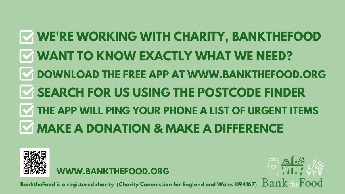 Please consider downloading the @BanktheFoodUK app. It will keep you up to date with the items that we need & will also give you a helpful alert when you enter a supermarket that has one of our collection points. Its a great way to stay informed with what will help us the most!