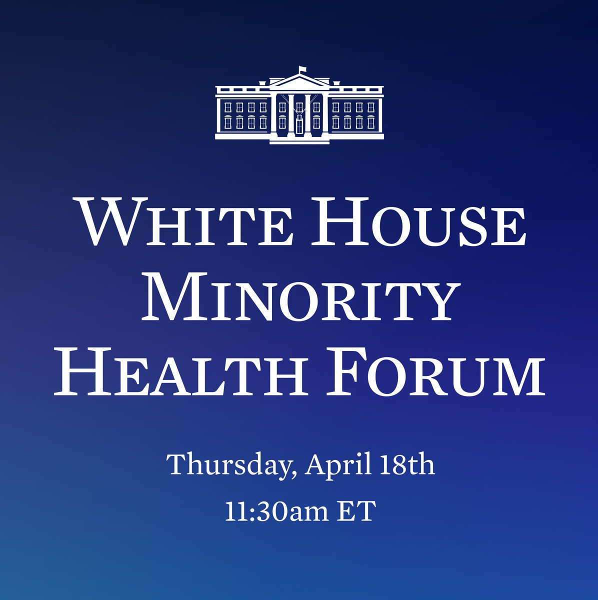 In recognition of #NationalMinorityHealthMonth, the @WhiteHouse is hosting its Minority Health Forum, including a session on Access to Care & Social Drivers of Health. Tune in at 11:30 ET and catch panelist @DrRobWinn on the White House YouTube channel: bit.ly/3Q49Ssv