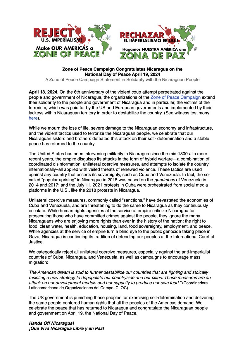 🇳🇮 On the 6th anniversary of the violent coup attempt perpetrated against the people and government of Nicaragua, organizations of the Zone of Peace Campaign extend their solidarity to Nicaragua and celebrate National Day of Peace.