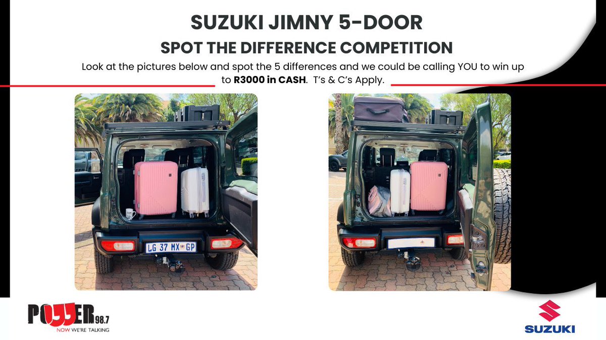Sponsored
Here’s your last chance to win up to R3000 CASH with the Suzuki Jimny 5-Door Spot the Difference competition.

To play...
1. Look at the pictures below.
2. Spot 5 differences, and comment telling us the differences.
3. Use the hashtag #BornForMore.
4. Stay tuned to