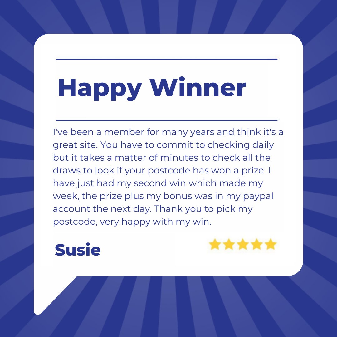 It's always so lovely to read reviews from PMPers! Especially if they're on a second win 👏 Congrats Susie!🎉 If you'd like to play in a daily lottery to win free money, sign up today: pickmypostcode.com #PickMyPostcode #PMP #Money #FreeMoney #Win #Lottery #Free