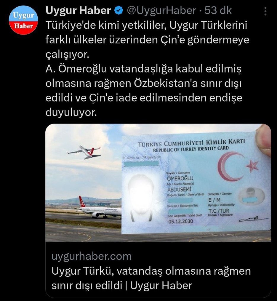 Bir Uygur Türkünün, Türk Vatandaşı Olmasına Rağmen Sınır Dışı Edildiği Öne Sürüldü

Özbekistan’da ticaretle uğraşan Uygur Türkü A. Ömeroğlu, görgü tanıklarına göre 17 Nisan 2024 tarihinde geldiği İstanbul Havalimanında Türk Vatandaşı olmasına rağmen sınır dışı edildi.
