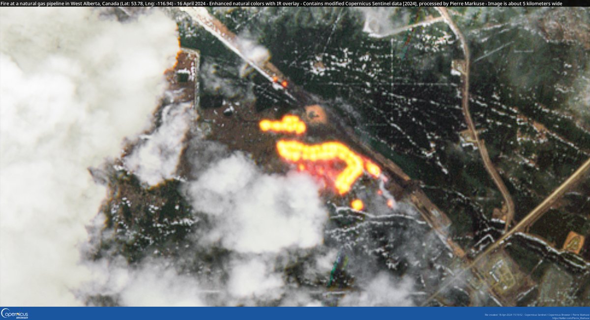 🟠 Fire🔥 at a ruptured natural gas pipeline in West Alberta, #Canada🇨🇦 (Lat: 53.78, Lng: -116.94) - 16 April 2024 #Copernicus🇪🇺 #Sentinel-2🛰️ Full-size ▶️ flic.kr/p/2pKYT4v #OpenData #SciComm #RemoteSensing Image is about 5 kilometers wide #fire #pipeline #Edson