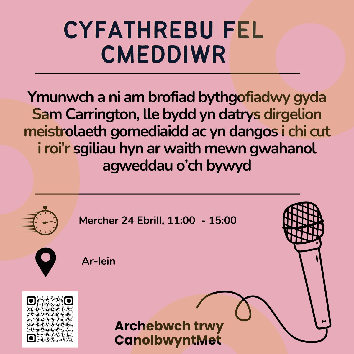 Yn galw ar holl fyfyrwyr Met Caerdydd! 📣 Mor dda, maen nhw'n ei wneud ddwywaith Eisiau datblygu'ch sgiliau siarad cyhoeddus? Newyddion gwych! Mae gennych chi ail gyfle 😎 Ymunwch â ni ar gyfer ein gweithdy AR-LEIN, ar y 24ain o Ebrill. Ceir rhagor o wybodaeth ar CanolbwyntMet