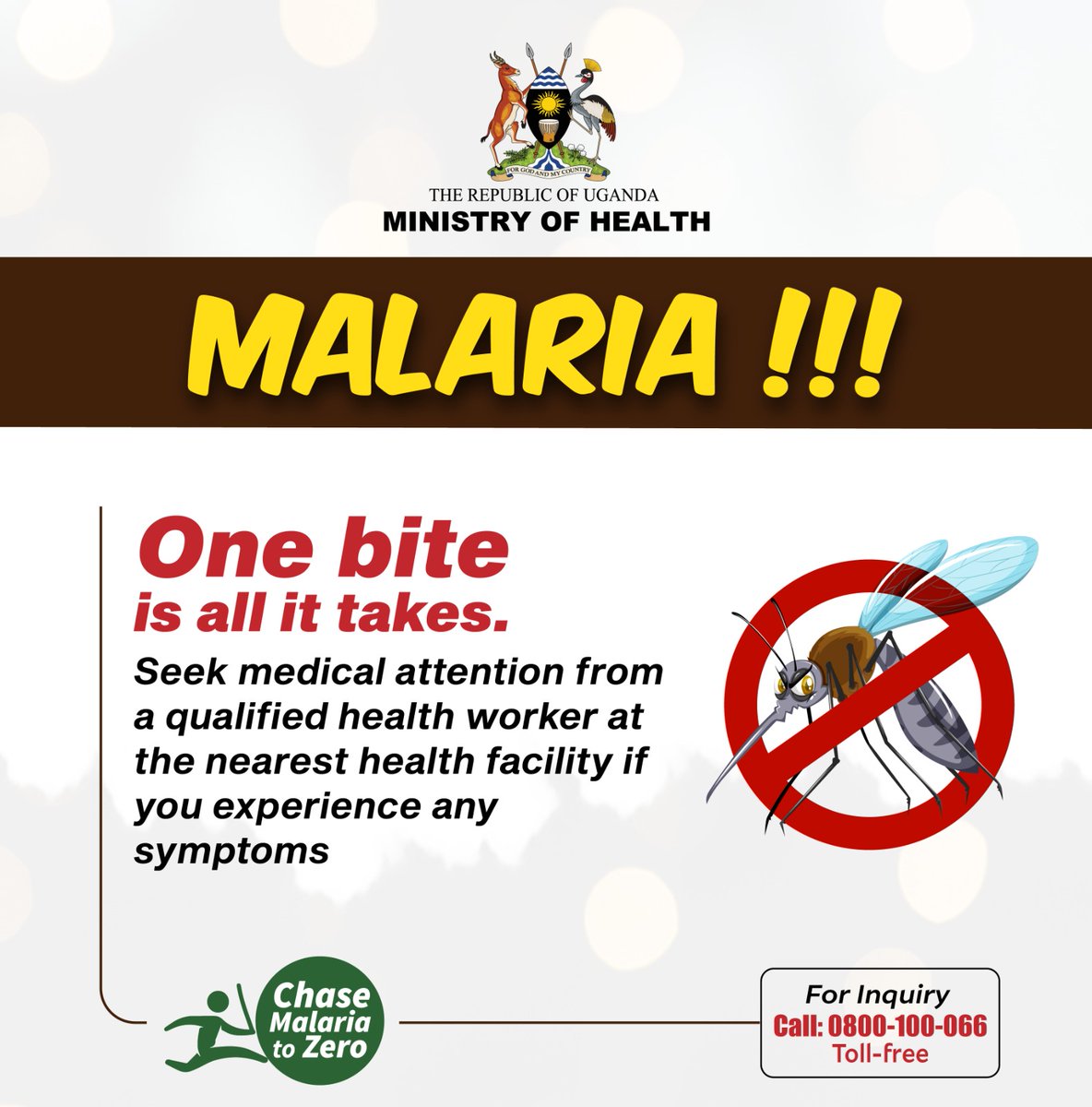 If you experience signs and symptoms of #Malaria, seek immediate medical attention from a qualified health worker at the nearest health facility. Do NOT self-medicate! #ChaseMalariaUG #WorldMalariaDayUG