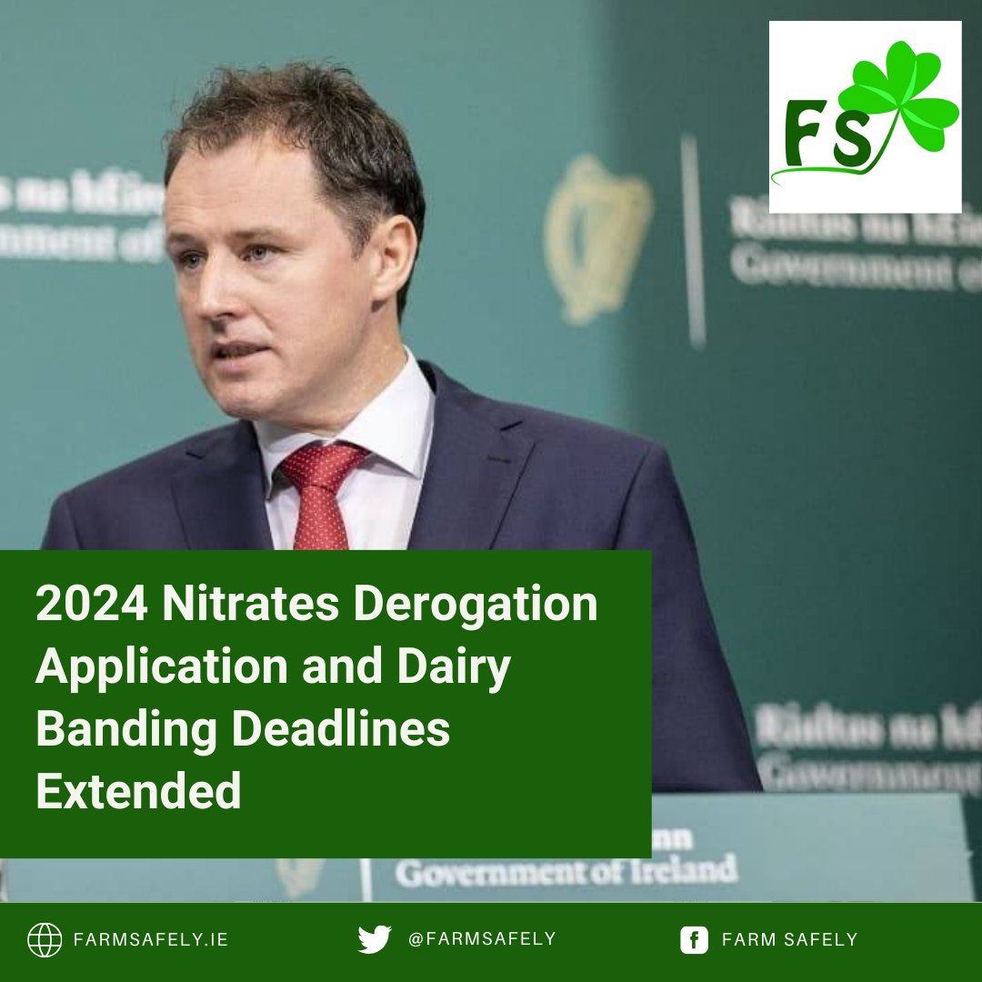 2024 Nitrates Derogation Application and Dairy Banding Deadlines Extended

Read more: farmsafely.ie/2024-nitrates-…

#IrishFarmers #DairyFarmers #ICBF #DairyBanding