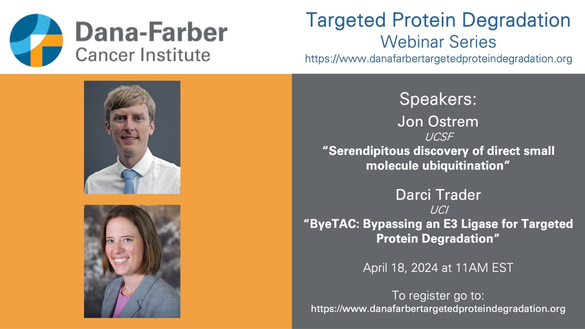 Can we conjugate ubiquitin in a non-canonical fashion? Join @BLZerf6 and me for two compelling seminars at 11 am EDT, 8 am PT, 4 pm BST, 5 pm CEST: @JonathanOstrem: “Direct Small Molecule Ubiquitination” Darci Trader: “Bypassing an E3 Ligase for TPD'