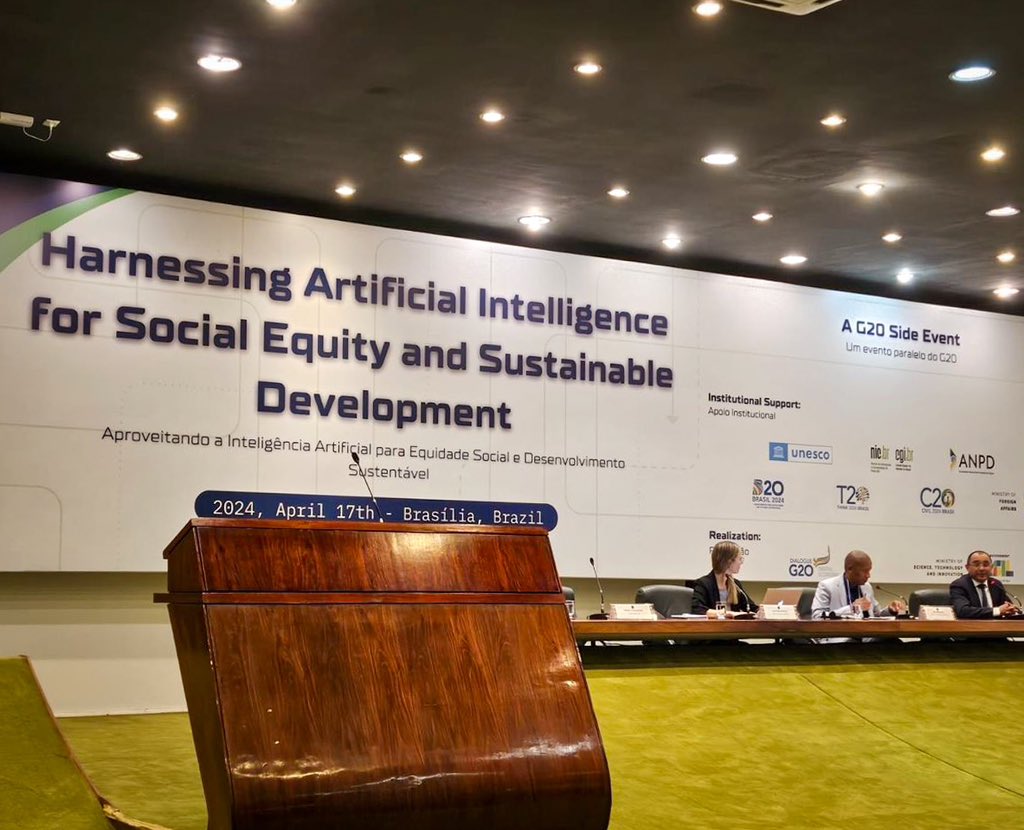 DCDT officials (Ali Mashishi, Alfred Mmoto, Jeannette Morwane and Jim Patterson attending G20 Digital Economy Working Group in Brazil in preparation for SA hosting G20 in 2025. Here they are leading the AI Summit as a side event in Brazil.