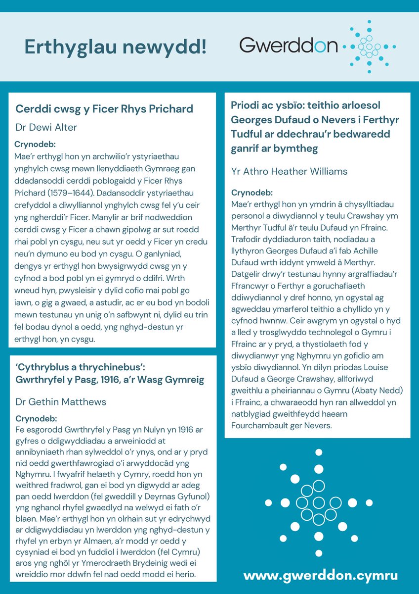 📢Newyddion cyffrous! Mae TAIR erthygl newydd sbon wedi eu cyhoeddi ar Gwerddon yr wythnos hon! Darllenwch grynodeb ohonynt isod, a'r erthyglau yma: gwerddon.cymru/rhifyn37 #Gwerddon #Ymchwil #Cymraeg @HeatherHMW #Hanes