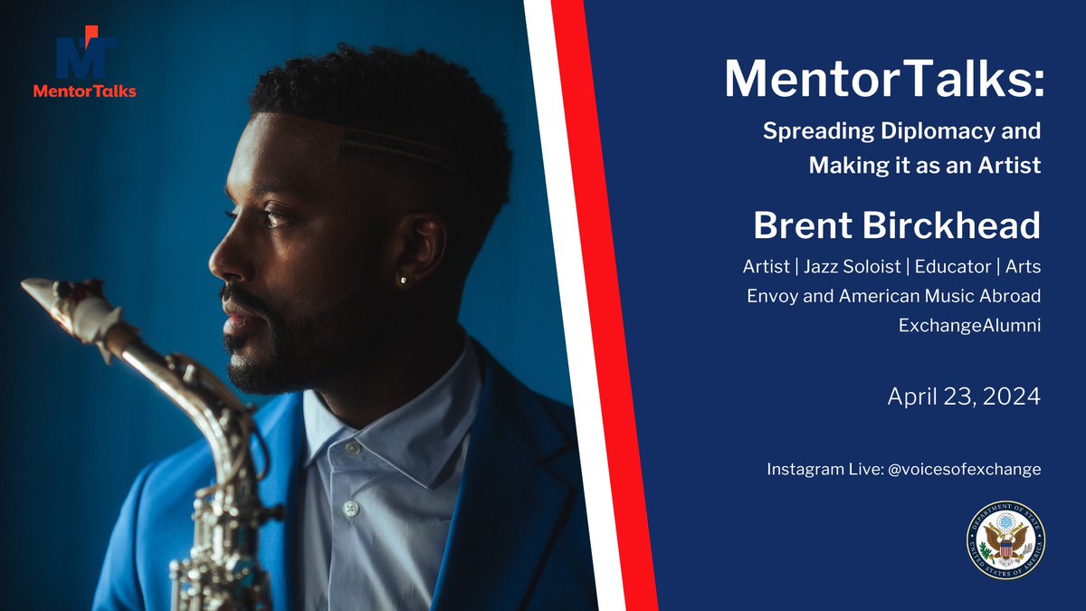 Croyez-vous au pouvoir de la musique ? Ne manquez pas le prochain #MentorTalks pour écouter le soliste de jazz, éducateur, #ArtsEnvoy et #USAmusicabroad #ExchangeAlumni Brent Birckhead le 4/23 à
12pm ET ! bit.ly/MTJazz #MusicDiplomacy @exchangealumni @ECAatState…