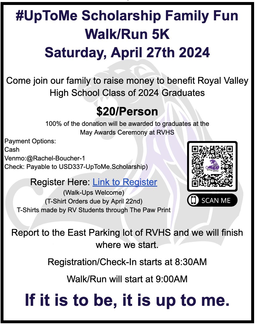 coachdboucher's tweet photo. Please come join us for our 3rd Annual #UpToMe Scholarship Family Fun Run/Walk 5K on April 27th. 

For the benefit of @RV337 graduates.  

Plus you get this sweet T-Shirt made/designed by our student ran Paw Print Company.

#OneRV https://t.co/laT3gvdW9W