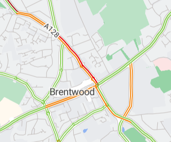 Essex_Travel: Brentwood–slow moving traffic on Ongar Rd (A128) Shenfield Rd (A1023) and Ingrave Rd (A128 towards the High St (A1023) Wilsons Corner