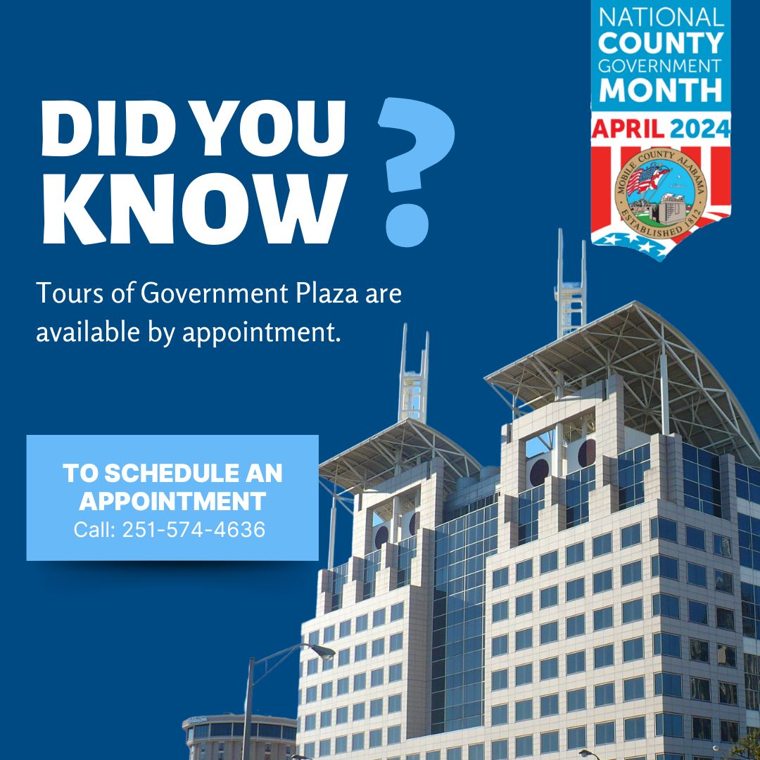 Did you know that tours of Government Plaza are available by appointment? Schedule a tour of YOUR government headquarters by calling 251-574-4636 (INFO). #MoCo  #MobileCountyAL #MobileCountyCommission #ForwardTogether