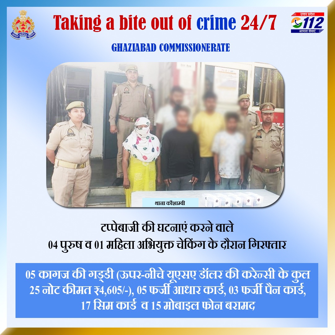 Zero Tolerance Against fraudsters - टप्पेबाजी की घटनाएं करने वाले 05 अभियुक्तों को @ghaziabadpolice द्वारा चेकिंग के दौरान गिरफ्तार कर 05 कागज की गड्डी (ऊपर-नीचे यूएसए डॉलर की करेन्सी के 25 नोट), 05 फर्जी आधार कार्ड व 03 पैन कार्ड, 17 सिम कार्ड व 15 मोबाइल बरामद किए गए हैं।