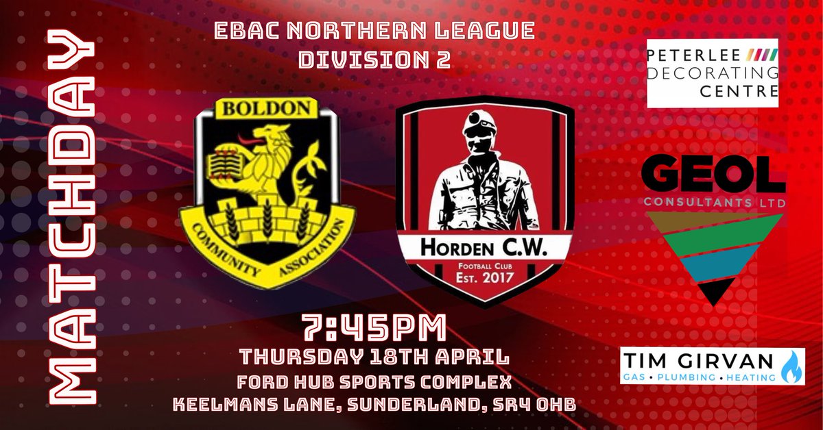 🔴⚫️ MATCH DAY 🔴⚫️ We are off to the Ford Hub tonight to play @CABoldon The lads will be looking to return with 3 points to keep us in the play off hunt but it’s always a tough game against Boldon. Proudly supported by:- Peterlee Decorating Centre @LimitedGeol @GasManTim