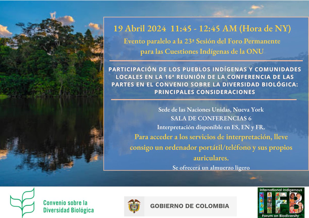 MAÑANA Durante la 23ª Sesión de @UN4Indigenous , participa en un evento paralelo sobre el papel de los #PueblosIndígenas. Sus voces, derechos y perspectivas son criticas para la implementación del #PlanDeLaBiodiversidad. 📅 19 Abril, 11:45 AM #UNPFII #SomosIndígenas