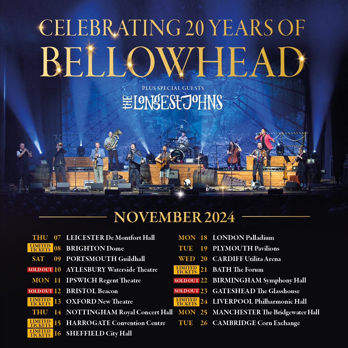 We're delighted to announce that @TheLongestJohns will be joining us on tour in November! 🥳 Over 6 months to go but four shows have already sold out and a number of others are now very close. Tickets are available direct from all the venues - bellowhead.co.uk