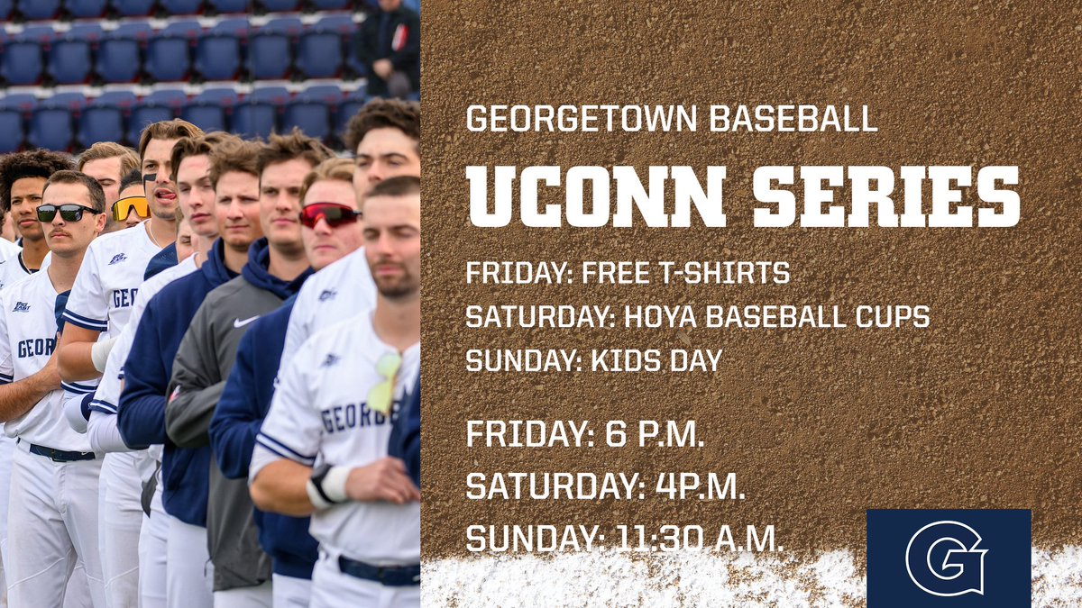 🚨WEEKEND INFORMATION🚨 Hoya Nation, Friday is free t-shirts, Saturday is free Hoya Baseball cups and Sunday is kids day! Giveaways available while supplies last. Come out to @CapitalOnePark to watch the Hoyas take on UConn #HoyaSaxa | #Team154