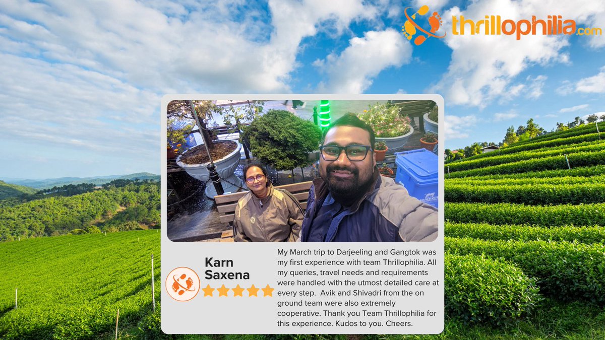 Unwavering dedication to crafting exceptional travel experiences - our customers' reviews reflect our commitment.

Package Booked: thrillophilia.com/tours/sikkim-g…

#TravelHappy #WanderlustVibes #TravelExperience #Thrillophilia