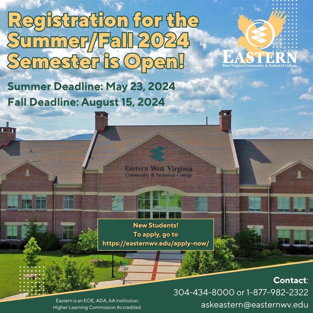 Enroll for the Summer and Fall 24 semesters at #EasternWV! The summer deadline is May 23 and the fall deadline is August 15. Call 304-434-8000, email askeastern@easternwv.edu or stop by campus! If you are on campus, ask about a free shirt. Visit easternwv.edu
#EnrollNow