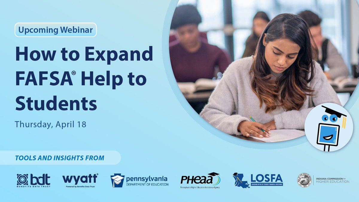Happening today @ 1pm EST! Don’t miss insights from PA, LA, and IN on providing more #FAFSA help for students – including a demo of BDT’s Wyatt, a free digital advisor students can text with questions about the FAFSA. RSVP: hubs.li/Q02s_-DZ0 #FAFSAFastBreak @usedgov