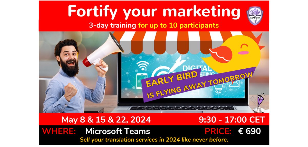 Take part in our 'Fortify Your #Marketing' training, specially developed for LSPs. The early bird fee is flying away tomorrow. Don't let this bird out of your hand.
Learn more and register here: profectabdi.com/academy-fortif… #t9n #localization #progress #sales #translationagency