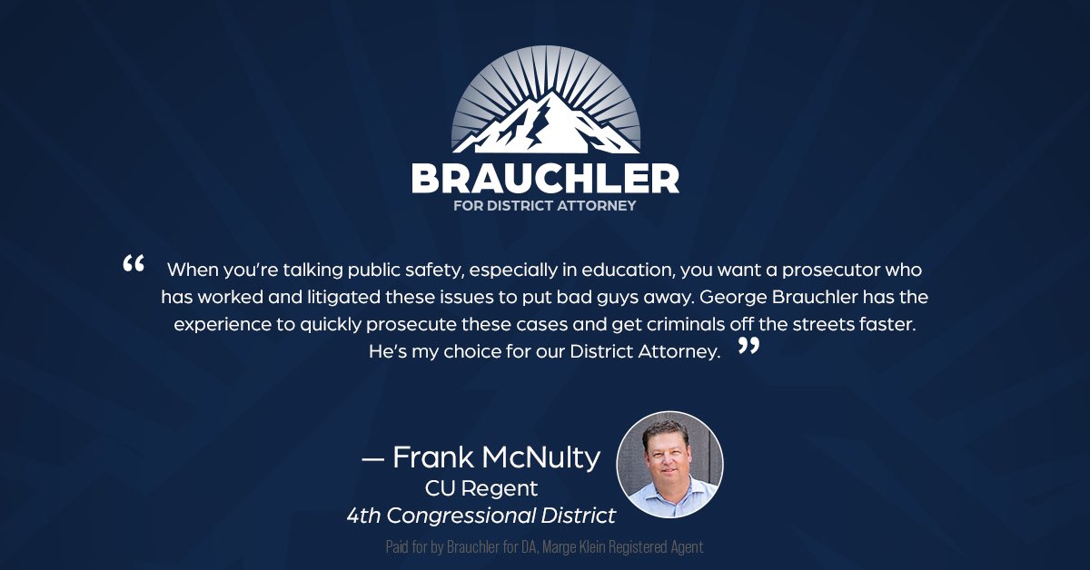 ENDORSEMENT: it's humbling to have the support for DA @SpkrMcNulty, former Speaker of the House and current CU Regent (#GoBuffs!). Frank McNulty is a decades-long DougCo resident, civic leader & family man who knows how critical experience is when it comes to keeping us safe.