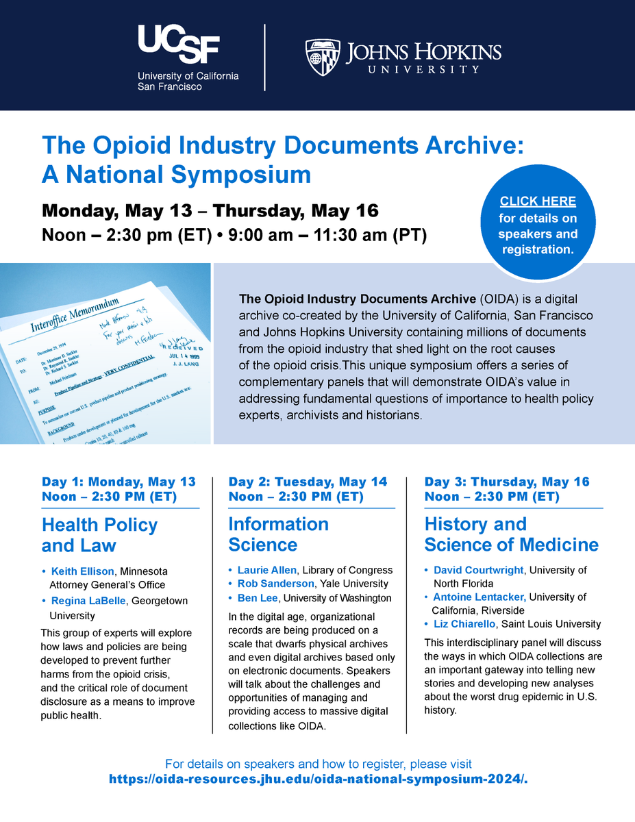 We’re excited to announce the #Opioid #Archive National Symposium, Mon, May 13-Thurs, May 16. oida-resources.jhu.edu/oida-national-… Check out the lineup of speakers on topics including #HealthPolicy #HealthLaw #InformationScience #Archives #HistMed #ScienceHistory