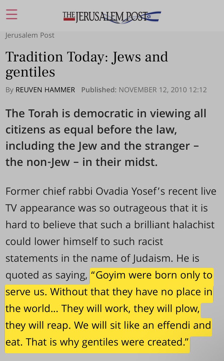 12/11/10 REWIND - “Goyim were born only to serve us. Without that they have no place in the world... They will work, they will plow, they will reap. We will sit like an effendi and eat. That is why gentiles were created” — Former chief rabbi Ovadia Yosef m.jpost.com/jewish-world/j…