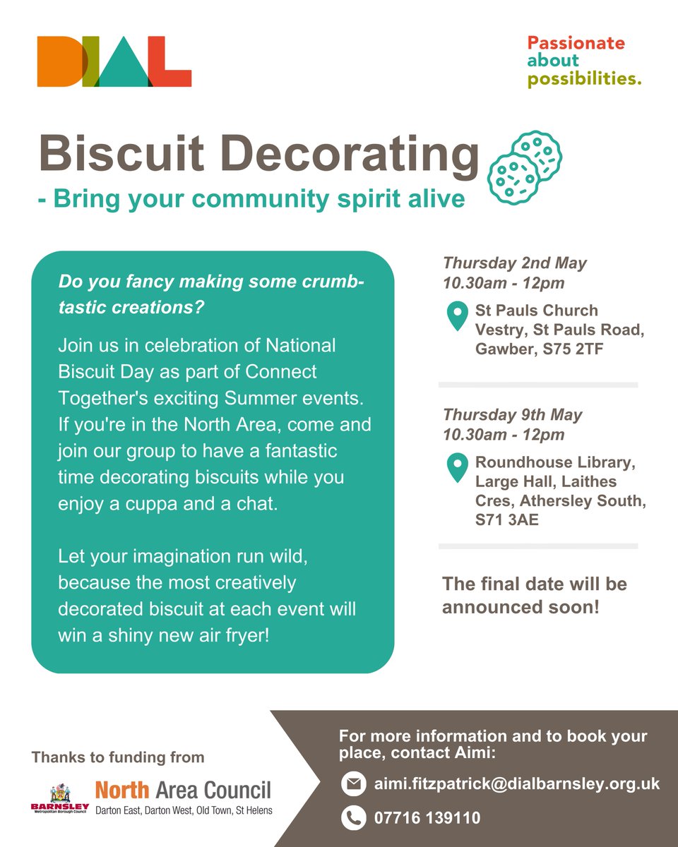 Join us in celebration of National Biscuit Day as part of Connect Together's exciting Summer events🍪 Get in touch with Aimi 📞07716 139110 📧aimi.fitzpatrick@dialbarnsley.org.uk 🔗dialbarnsley.org.uk/events-list/ #PassionateAboutPossibilities #BarnsleyIsBrill @BarnsleyCouncil