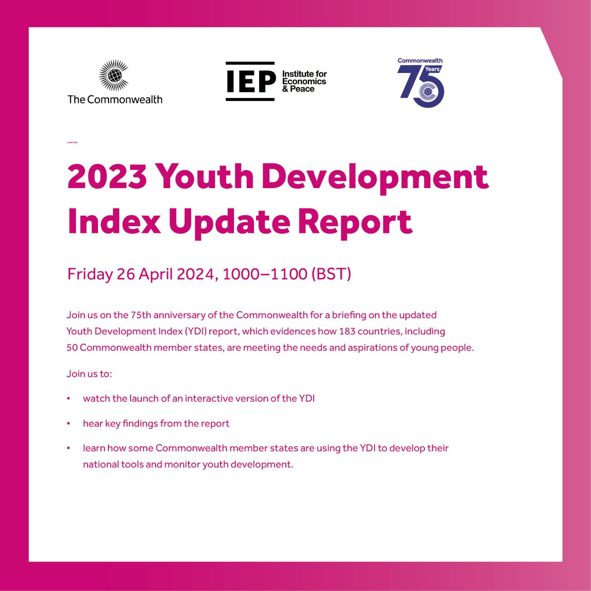 Join us for the launch of the Global #YouthDevelopment Index (#YDI) Update Report 2023 in partnership with @economicspeace  in Marlborough House and online.

🗓️ : 26 April 2024, 10:00-11:00 (BST)

Register here: bit.ly/3W5xv7U

#YearOfYouth