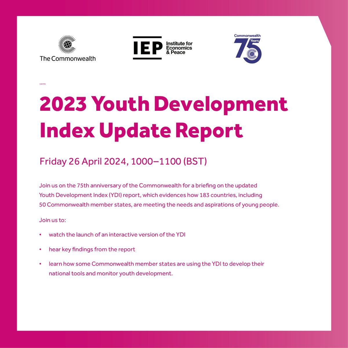 ComSecYouth's tweet photo. Join us for the launch of the Global #YouthDevelopment Index (#YDI) Update Report 2023 in partnership with @economicspeace  in Marlborough House and online.

🗓️ : 26 April 2024, 10:00-11:00 (BST)

Register here: https://t.co/hJ0SZnwPo8

#YearOfYouth https://t.co/5iZJTZTU8y