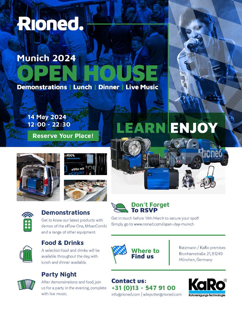 Bezoek op 14 mei de open dag van het nieuwe Rioned/KaRo steunpunt in München.
Kom demonstraties bijwonen van de nieuwste Rioned en KaRo apparatuur.
Geniet in de avond van een uitgebreid diner en live band.
Meld je aan op rioned.com/open-day-munich