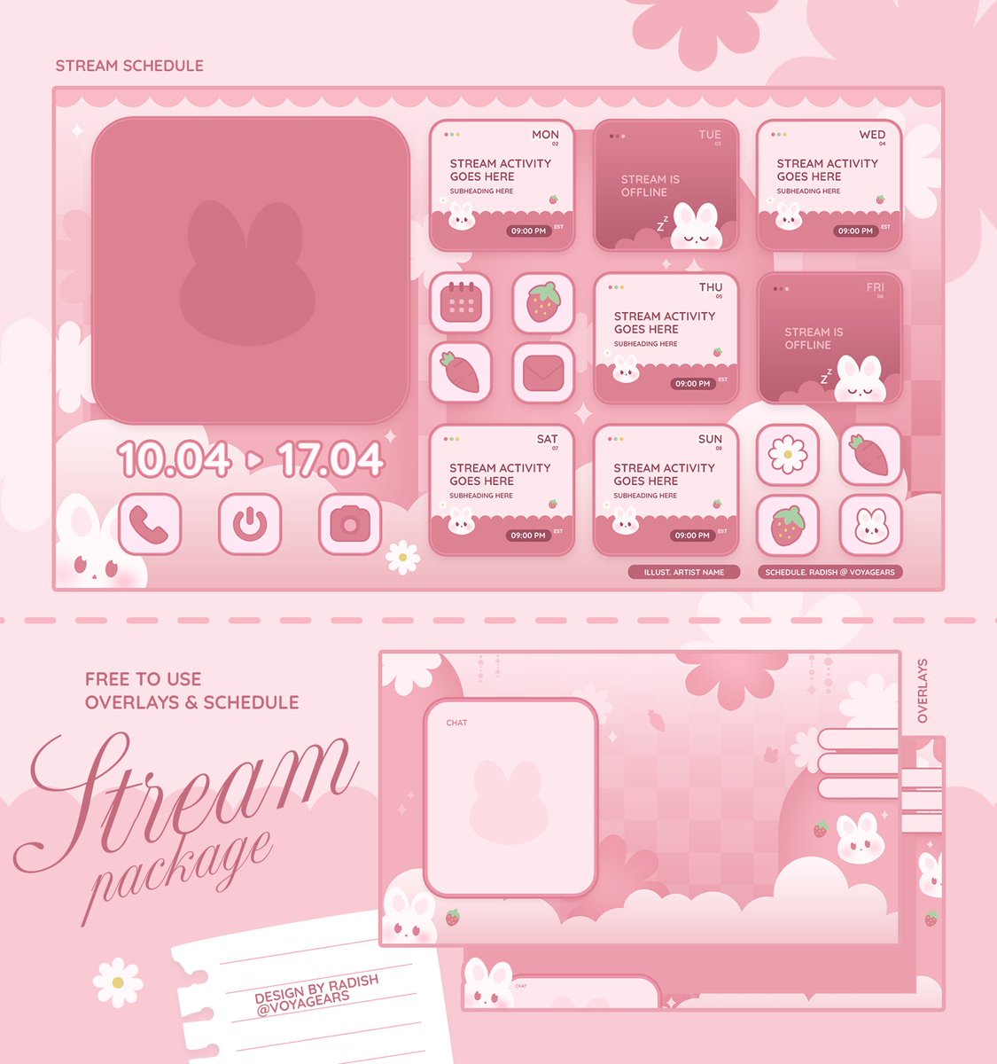 —✧ FREE TO USE 
🐰bunny schedule &amp; overlays 
(available in three colors!)

🔗 ko-fi below 

♡ + ↻ appreciated!
#VTuberAssets