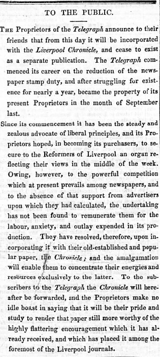The short-lived Liverpool Telegraph was first published in October 1836. It's final publication was on 18th April 1838. @BNArchive britishnewspaperarchive.co.uk/titles/liverpo…