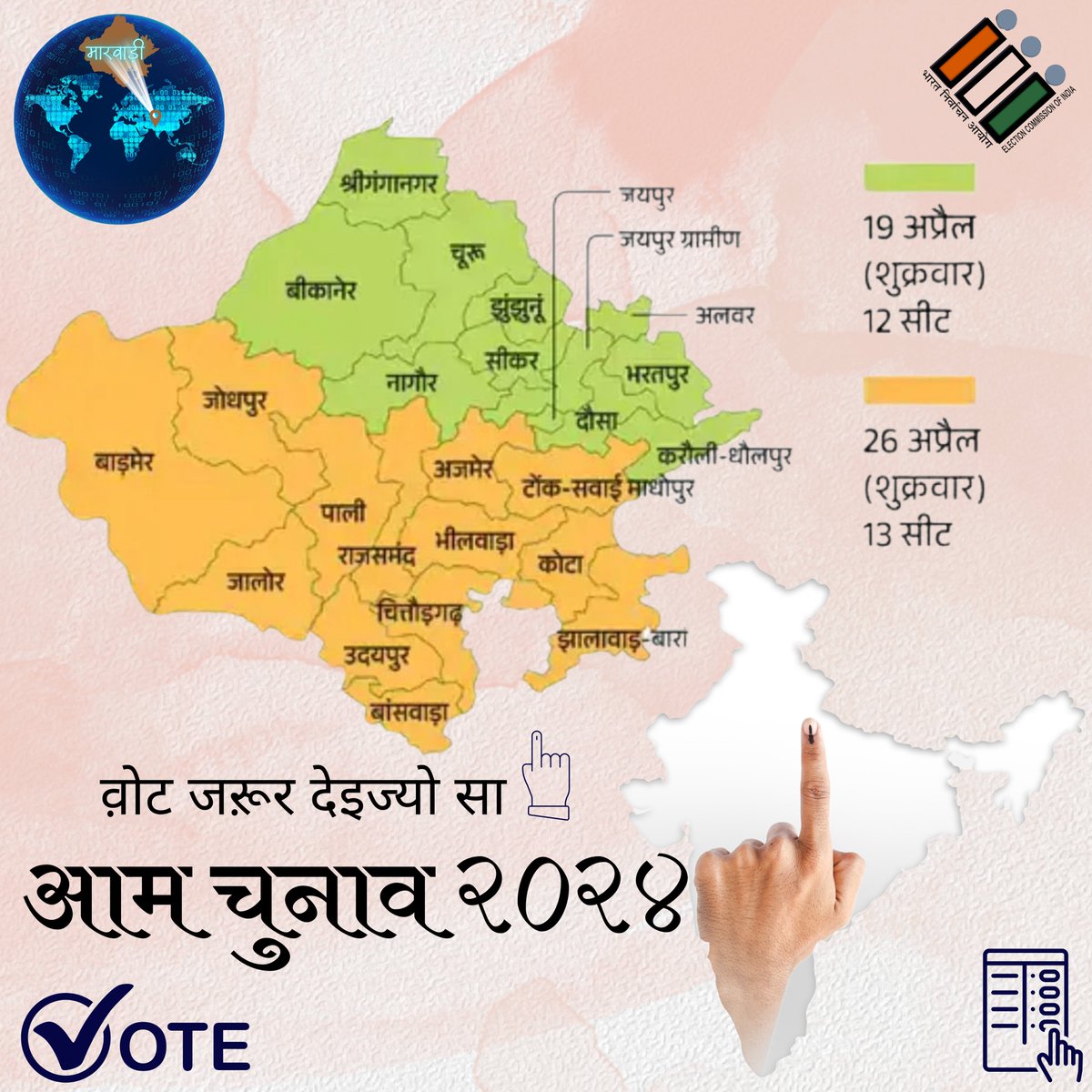 व़ोट जऱूर देइज्यो सा

लोकसभा रा आम चुनाव २०२४

linkedin.com/feed/update/ur…

#ElectionDay #YourVoteMatters #CivicDuty #GeneralElection #GeneralElections2024 #ElectionComission #ECI #India #Bharat #मारवाड़ी #राजस्थानी #राजस्थानी_दो_वोट_लो #राजस्थानी_लागू_करो  #राजस्थान