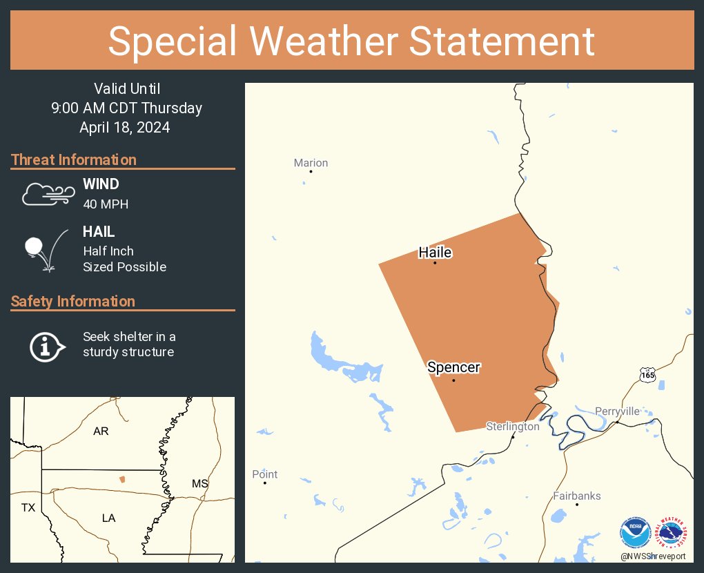 A special weather statement has been issued for Spencer LA and Haile LA until 9:00 AM CDT