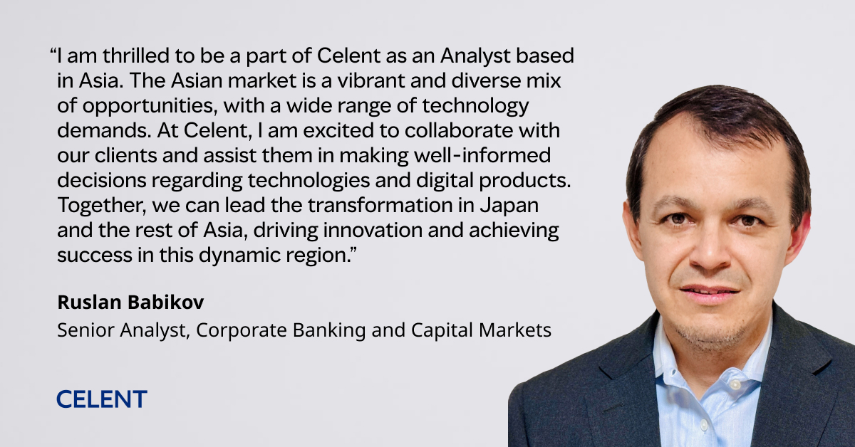 Join us in welcoming Ruslan Babikov to the Celent team! Ruslan joins us as a Senior Analyst in Tokyo, specializing in #CorporateBanking and #CapitalMarkets. We're so excited to have him on board. Check out Ruslan's bio to see his areas of expertise > bit.ly/3JpCSHb