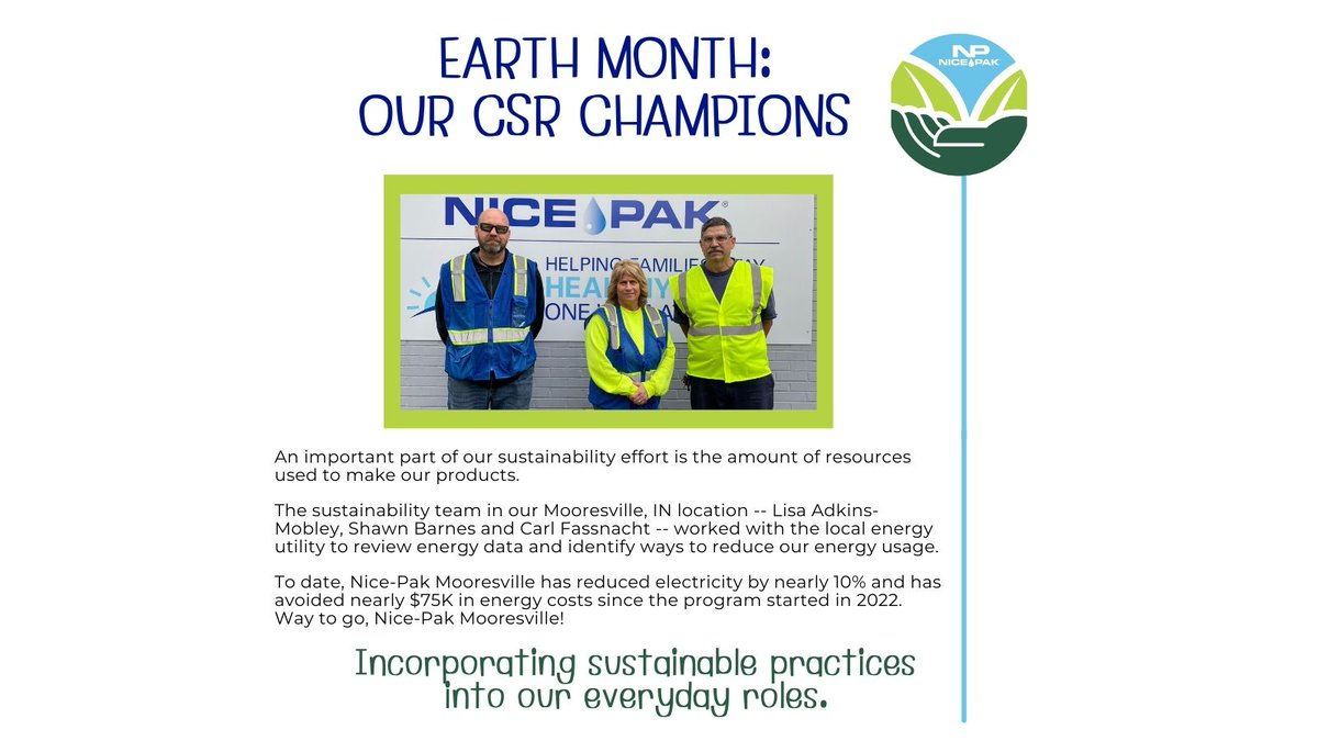 We continue our #EarthMonth2024 celebration by recognizing the amazing Nice-Pak associates who are embedding sustainability into our products and processes. Thank you to our team in Mooresville, IN for your efforts to reduce our energy use!