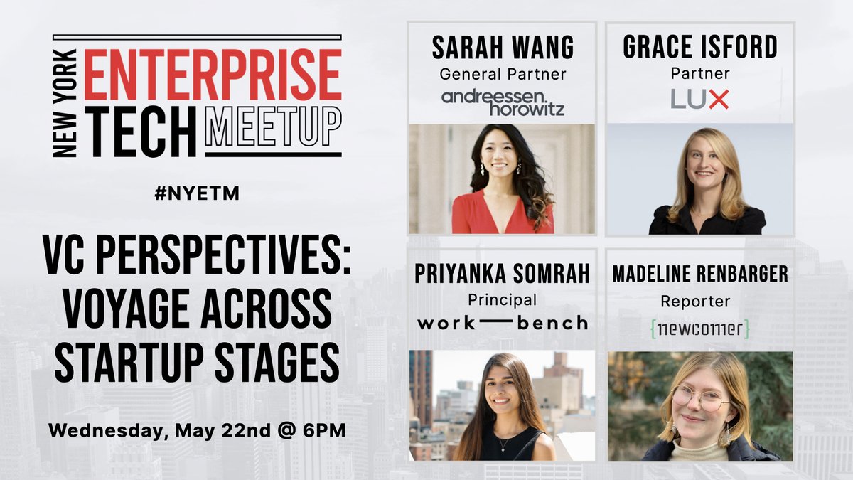 Don't miss our next #NYETM with a 🔥 group of women enterprise VCs from Seed to Growth! This annual fan favorite will dive into: 🔑Key thematic tech trends 💸What it takes to raise funding 🚀How to think about milestones RSVP: lu.ma/nyetmmay24