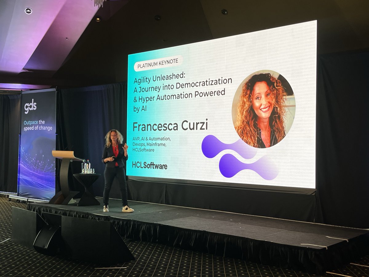 WeAre_GDS's tweet photo. It's the final keynote of the #GDSCIOSummit!

Francesca Curzi (@FraCurzi), AVP AI &amp; Automation, Devops, Mainframe, @hcltech explored today's rapidly evolving landscape in her keynote: 'Agility Unleashed: A Journey into Democratization and Hyper Automation powered by AI' https://t.co/DoNg5d013Z